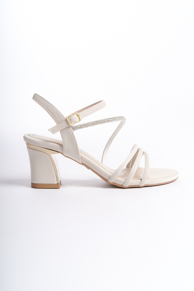 ZİESCE CROSSBAND STONE DETAIL BEIGE WOMEN'S HEELED SANDALS SHOES