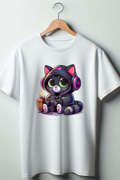 Vordevia Gamer Cat - Gamer Printed Λευκό Oversize Tshirt με λαιμόκοψη