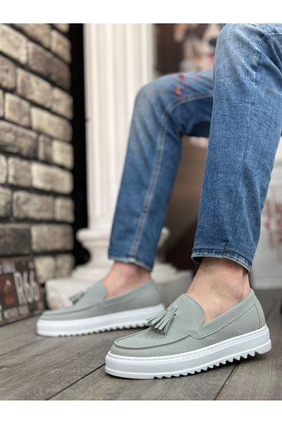 BOA TNSSOFTBA0154 Laceless High Sole Gray Suede Tasseled Men's Shoes