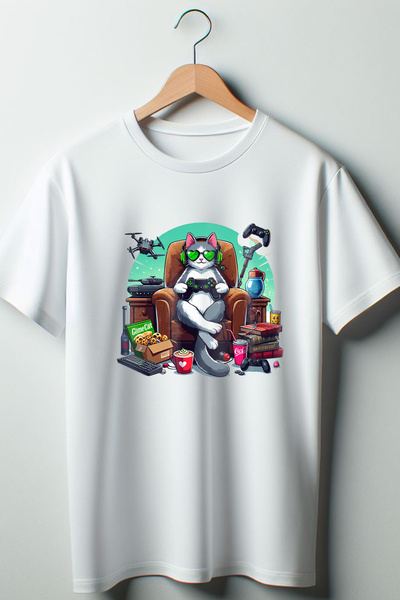 Vordevia Igrač mačka - Gamer Štampano Bela Oversize kroj okrugla kragna majica