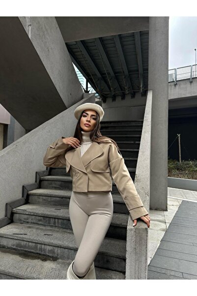 popibutik Trenc Kumaş Astarlı Crop Vizon Ceket