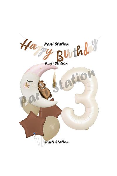 Parti Station 3 Year Old Cute Teddy Bear Balloon Set - Cream Figure, Happy Birthday Grandfather Sleeping Bear