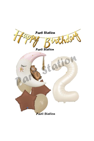 Parti Station Sevimli Ayıcık Krem Renk Rakam Balon Set 2 Yaş Ay Dede Uyuyan A...