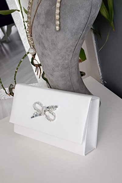 LA CALZATURE White Leather Bow Stoned Rectangular Square Box with Cover Eveni...
