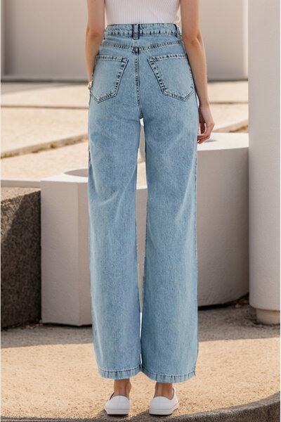 MAKRAS EXCLUSIVE JNX Lara Power Mery 90's Ice Blue Snow Wash Blue Lycra Super High Waist Palazzo Loose Jeans