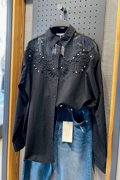 FEMELLE Cămașă oversize, 100% BUMBAC, brodata cu piatră neagră și mărgele, pentru femei (CUMPĂRĂ 1 MĂRIME UFAK)