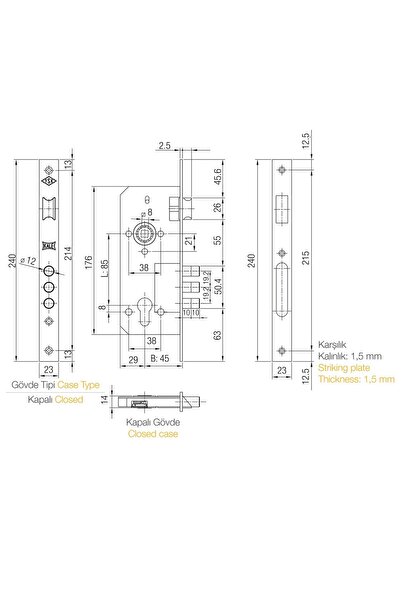 KALE 152 3MR ÇELİK KAPI KASA KİLİDİ (BARELSİZ)