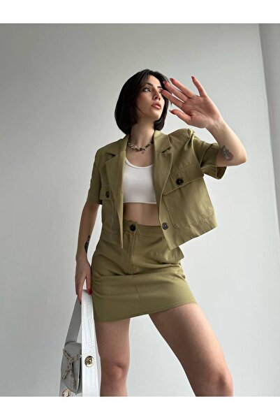 Laluvia Khaki 100% pamut gabardin szoknya-kabát dupla szett