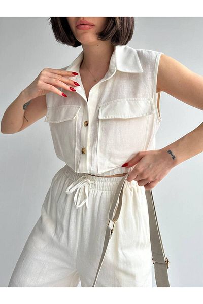 Laluvia Ecrufarbenes Set aus Weste und Hose aus elastischem Leinen, 100 % Baumwolle