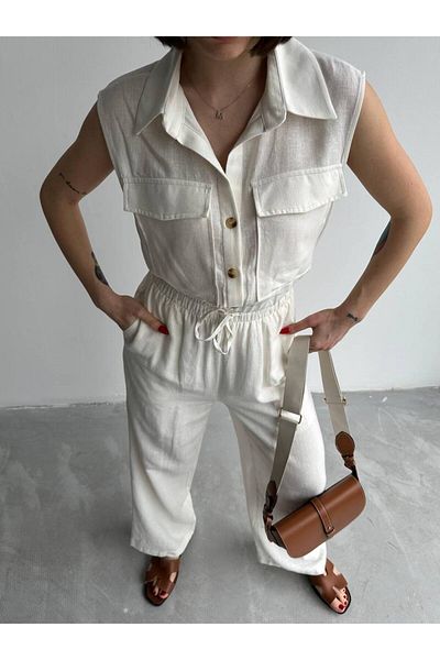 Laluvia Ecrufarbenes Set aus Weste und Hose aus elastischem Leinen, 100 % Baumwolle