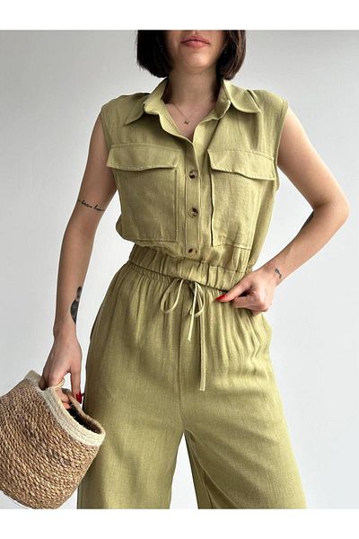 Laluvia Khaki 100% pamut elasztikus mellény-nadrág vászon szett