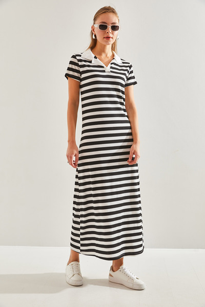 Bianco Lucci Langes, gestreiftes Rollkragenkleid für Damen60131001