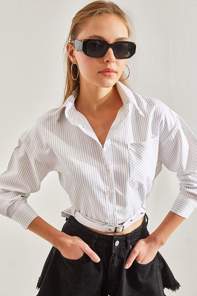 Bianco Lucci Women's Waist Tie Single Pocket Striped Shirt60131009