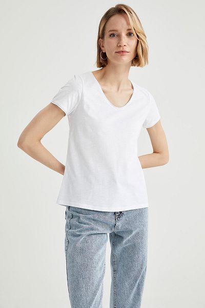 DeFacto Tricou cu mânecă scurtă, 100% bumbac, cu decolteu în V