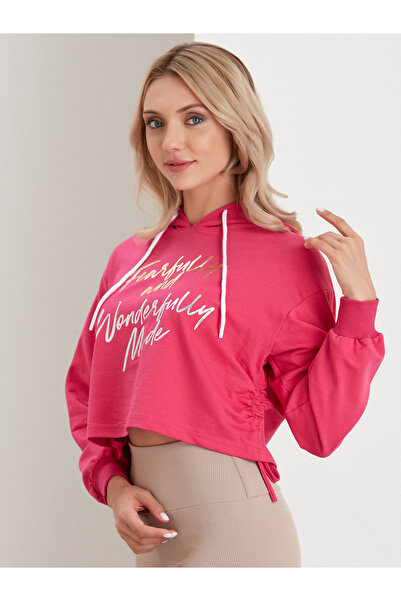 CottonChief Fuşya Kadın Yan Büzgülü Kapüşonlu Crop Sweatshirt