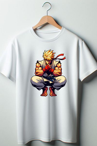 Vordevia Tricou alb oversize cu decolteu triplu cu imprimeu Street Fighter