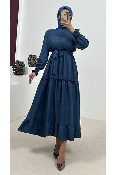 Swana Women's Indigo Color Sleeves Gipe Detailed Belted Layered Hijab Dress