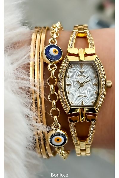 Fiesta Gold Yellow Steel Cord Bridal, Engagement, Wedding Watch Chain Model Women's Wristwatch