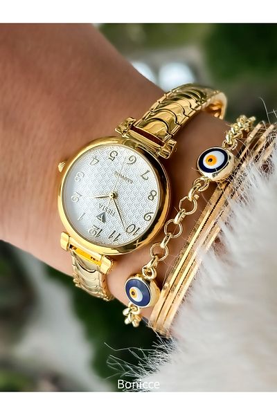 Fiesta Brand Steel Cord Elegant Simple Model Gold Yellow Color Engagement, Wedding, Bridal, Stylish Women's Wristwatch