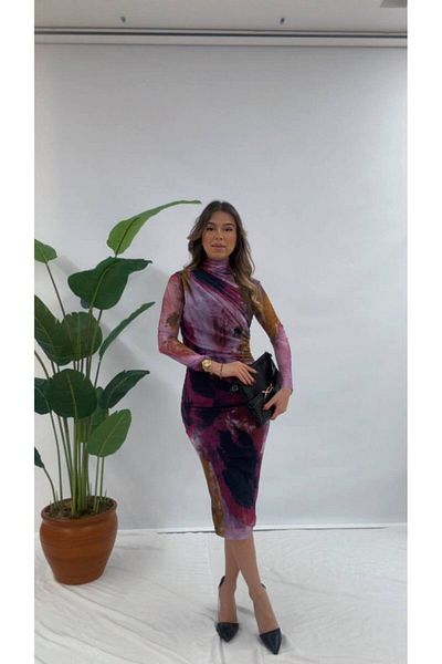FEHAL GİYİM tulle fabric turtleneck gathered midi size cloud print dress