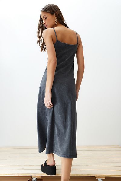 Trendyol Collection Anthracite Strap Antique Effect Midi Dress - 100% Cotton TWOSS24EL00403