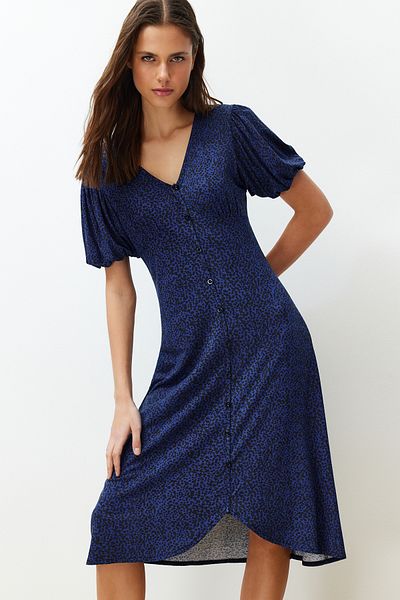 Trendyol Collection Sötétkék léggömb ujjú nyomott Midi rugalmas kötött midi ruha TWOSS24EL00475
