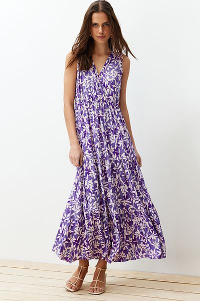 Trendyol Collection Σκούρο μωβ Floral Αμάνικο φόρεμα Maxi με καμίζα πολυεστέρα σε γραμμή Α σε γραμμή V TWOSS22EL1588