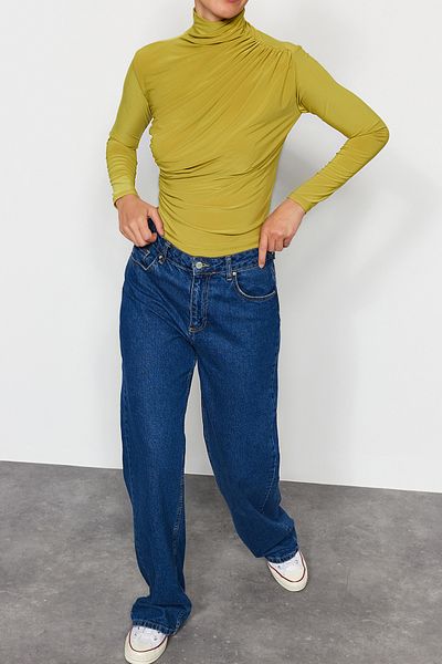 Edit by Trendyol Fat Stand Collar Green Gathered Long Sleeve Blouse TWOAW24BZ00466