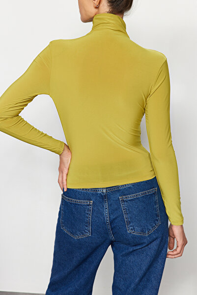 Edit by Trendyol Fat Stand Collar Green Gathered Long Sleeve Blouse TWOAW24BZ00466