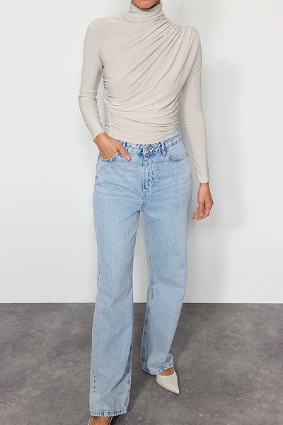 Edit by Trendyol Beige High Collar Gathered Long Sleeve Blouse TWOAW24BZ00466