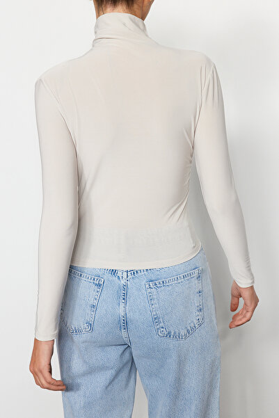 Edit by Trendyol Beige High Collar Gathered Long Sleeve Blouse TWOAW24BZ00466