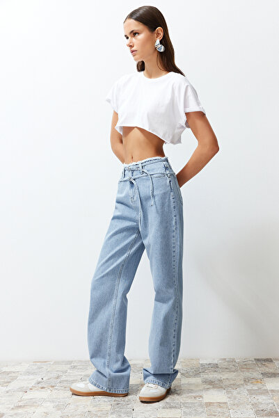 Trendyol Collection Modrá Udržitelnější pas Detailní Džíny s vysokým pasem a širokými nohavicemi TWOSS24JE00142
