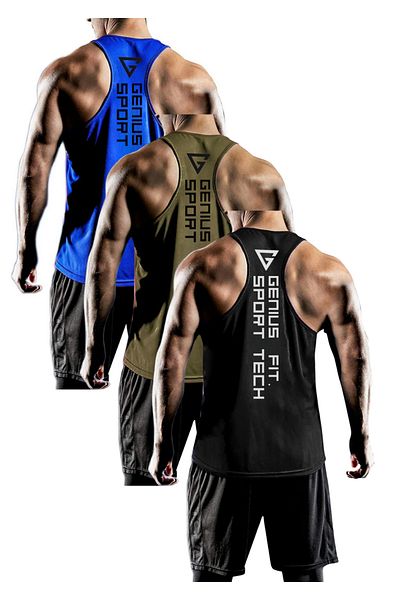 GENIUS STORE مجموعة من 3 قطع من القمصان الرياضية للرجال ذات المقاس الجاف والظهر واللياقة البدنية GENIUS-FIT3