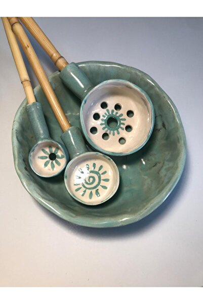 BOYBEYİS BOTANİK El Yapımı Su Yeşili Dekoratif Seramik Kase ve 3'lü Kaşık Set