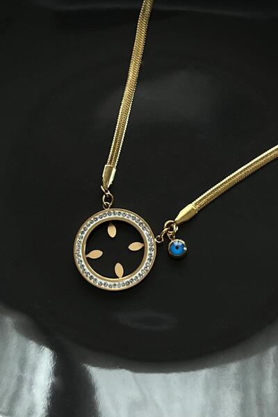 Allmisse Altın Kaplama Nazar Boncuklu İtalyan Zincir Detaylı Çeyrek Takılan Çelik Kolye