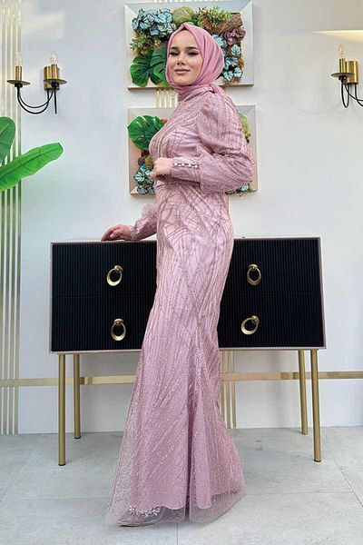 Bym Fashion Gemustertes Abendkleid mit Fischmuster und Taillengürtel 1139 Dried Rose