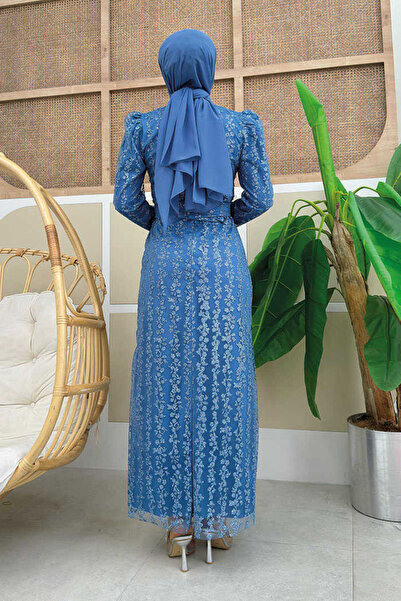 Bym Fashion Floral Patterned Glittery Tulle Evening Dress 1108 Indigo