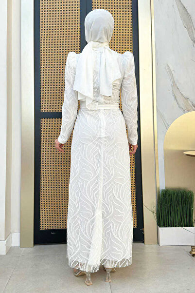 Bym Fashion Branch Patterned Glitter Tulle Evening Dress 1140 Ecru