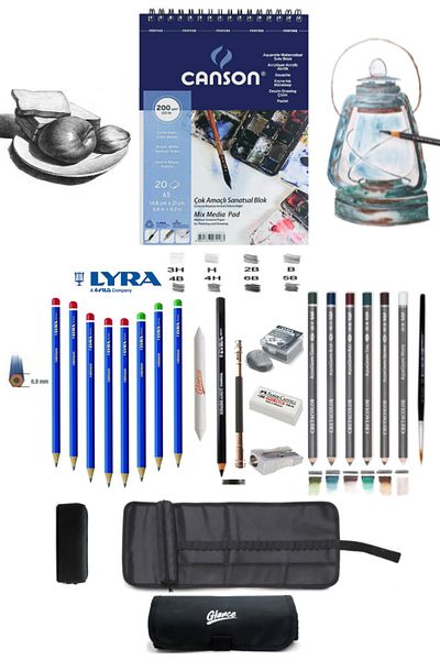 GLANCE Canson Notebook A5 200gr Lyra Robinson Graduated Pen Cretacolor 6-Piece Aquarell Sketch Set with Pencil Bag