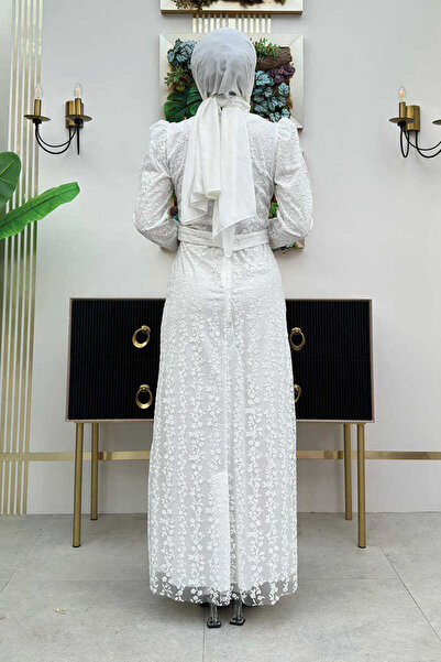 Bym Fashion Floral Patterned Glitter Tulle Evening Dress 1108 Ecru