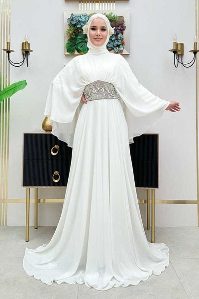 Bym Fashion Cape Waist Stone Embroidery Detail Chiffon Evening Dress 5001 Ecru