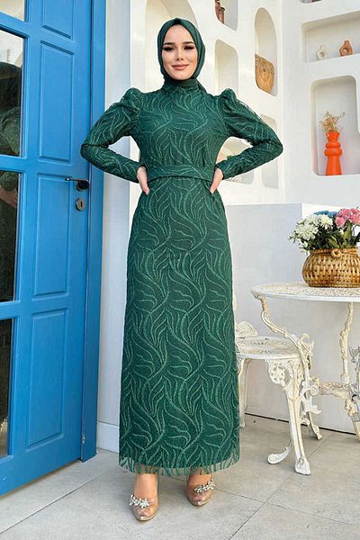 Bym Fashion Branch Patterned Glitter Tulle Evening Dress 1140 Emerald