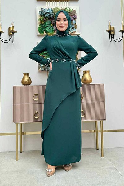 Bym Fashion Βραδινό Φόρεμα Cross Look Πέτρα Κεντητό Βραδινό Φόρεμα 3874 Emerald