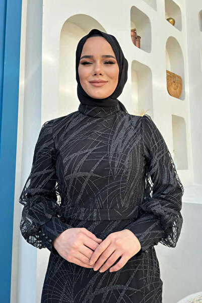 Bym Fashion Síťované večerní šaty se vzorem do pasu 1139 černá