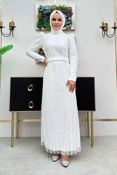 Bym Fashion Floral Patterned Glitter Tulle Evening Dress 1108 Ecru