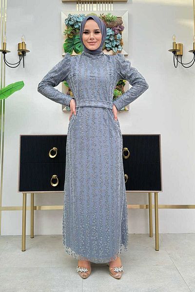 Bym Fashion Βραδινό φόρεμα από τούλι με φλοράλ μοτίβο 1108 γκρι