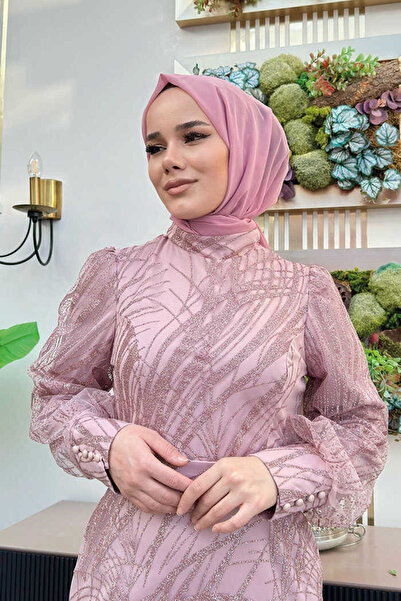 Bym Fashion Βραδινό φόρεμα με μοτίβο μέσης ζώνης ψαριού 1139 αποξηραμένο τριαντάφυλλο