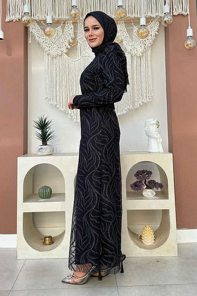 Bym Fashion Βραδινό φόρεμα από τούλι με μοτίβο κλαδιών 1140 μαύρο