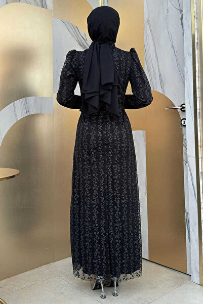 Bym Fashion Floral Patterned Glitter Tulle Evening Dress 1108 Black