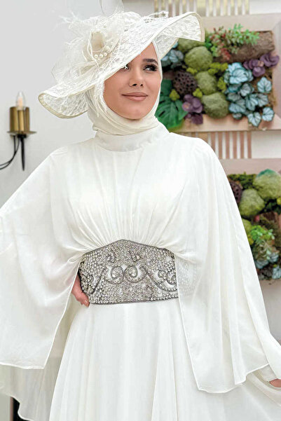 Bym Fashion Cape Waist Stone Embroidery Detail Chiffon Evening Dress 5001 Ecru